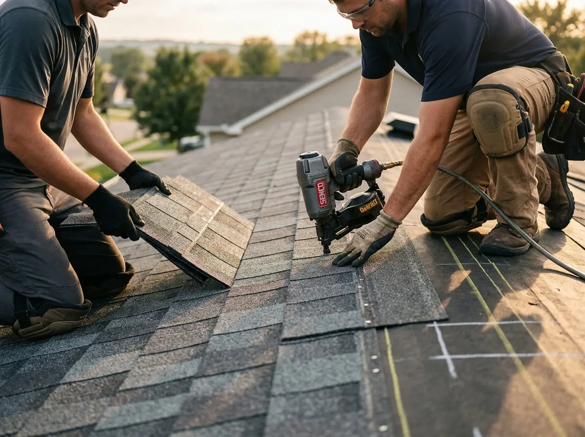 Professional roofer working on a residential roof in East Greenwich